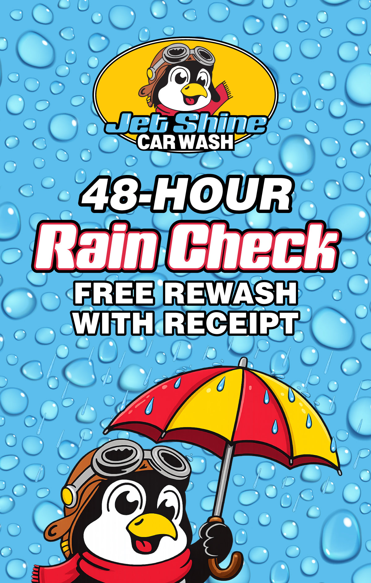 Jet Shine 48-Hour Rain Check — free rewash with receipt